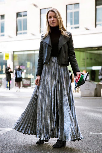 Shimmery Oversized Maxi Skirt With Leather Jacket