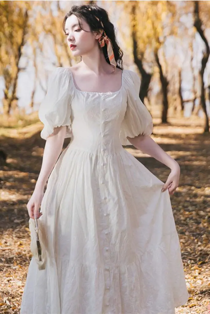 White Ethereal Dress With Puff Sleeves