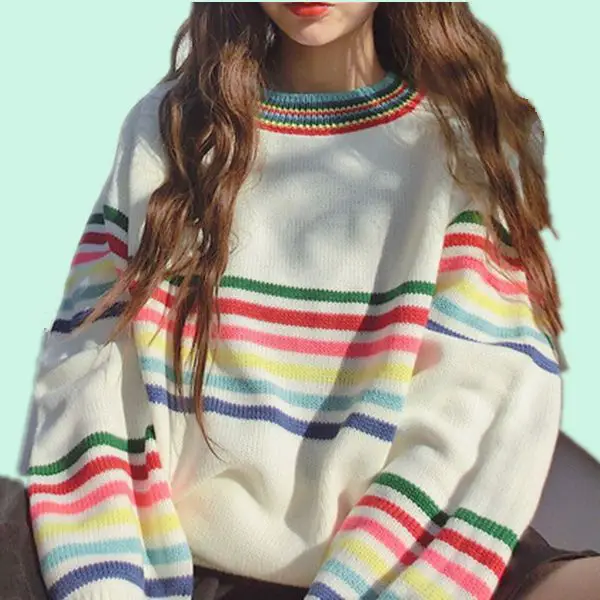 White Oversized Sweater With Colorful Stripes