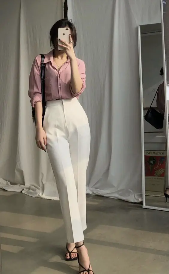 White Tailored Pants With Collared Shirt