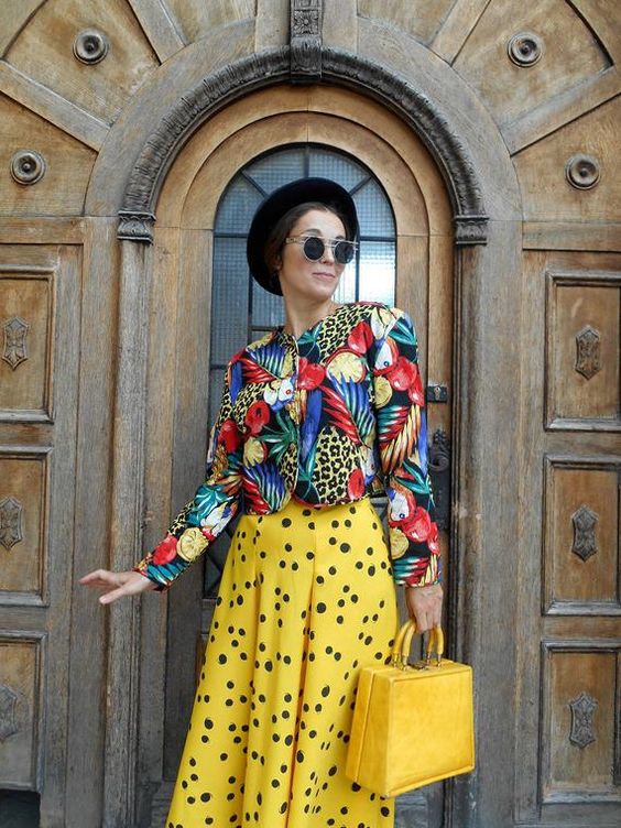 Yellow Skirt With Polka Dots And Colorful Blazer