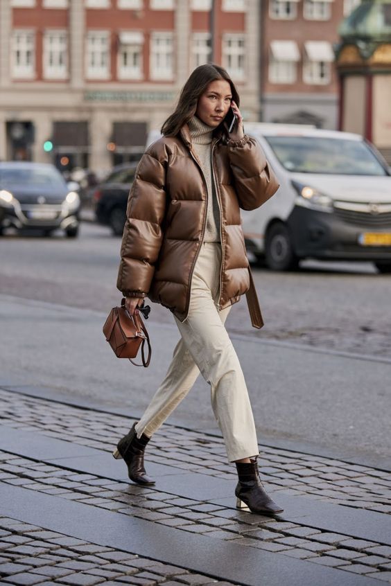 Monochrome Look With Brown Oversized Puffer Jacket