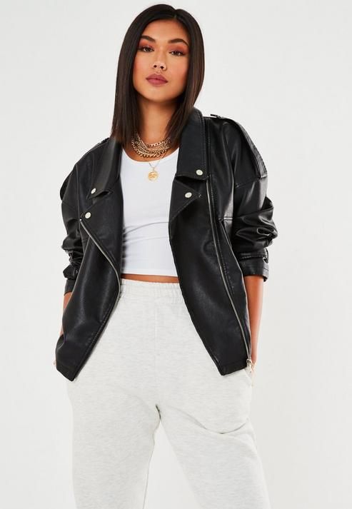 Black Oversized Biker Jacket With All White Outfit