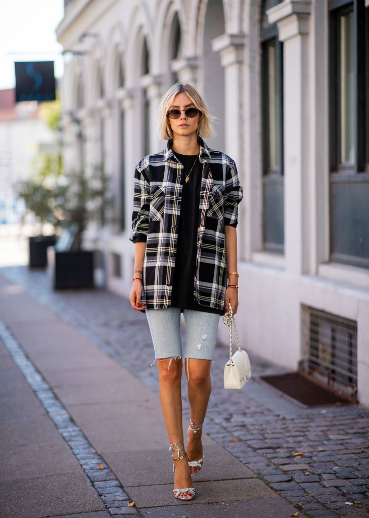 Oversized Checkered Shirt With Mid Length Denim Shorts