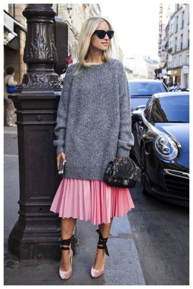 Oversized Knit Cardigan With Pleated Skirt