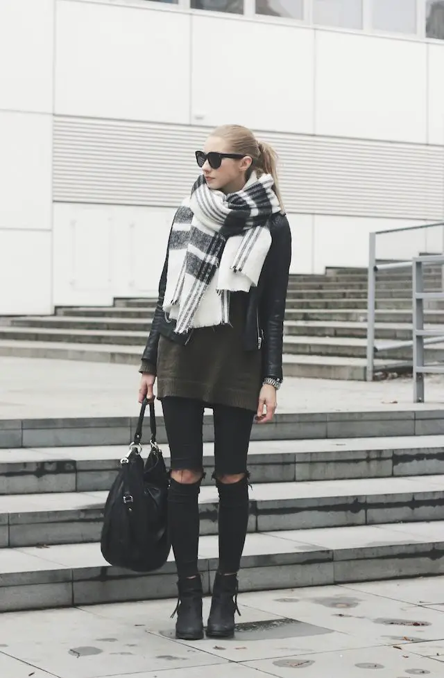 Oversized Wool Scarf With Ripped Jeans