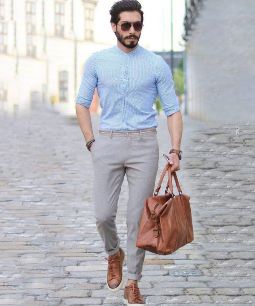 gray pants and baby blue color