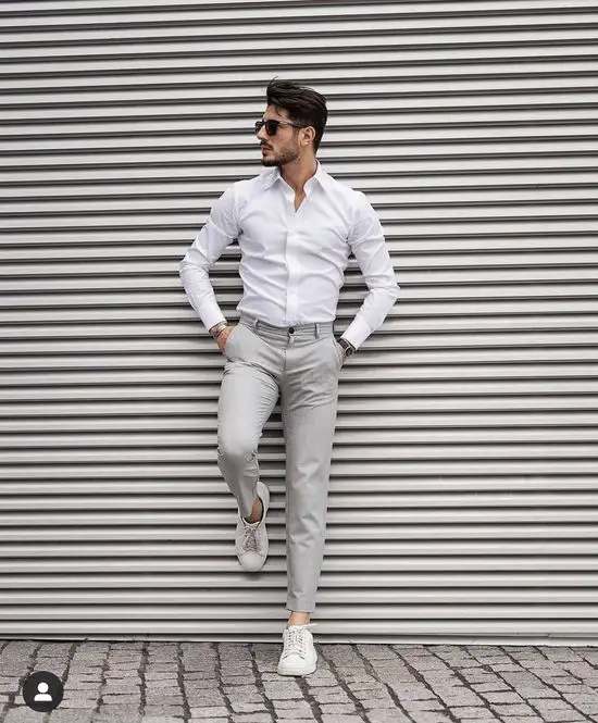 gray pants and white color