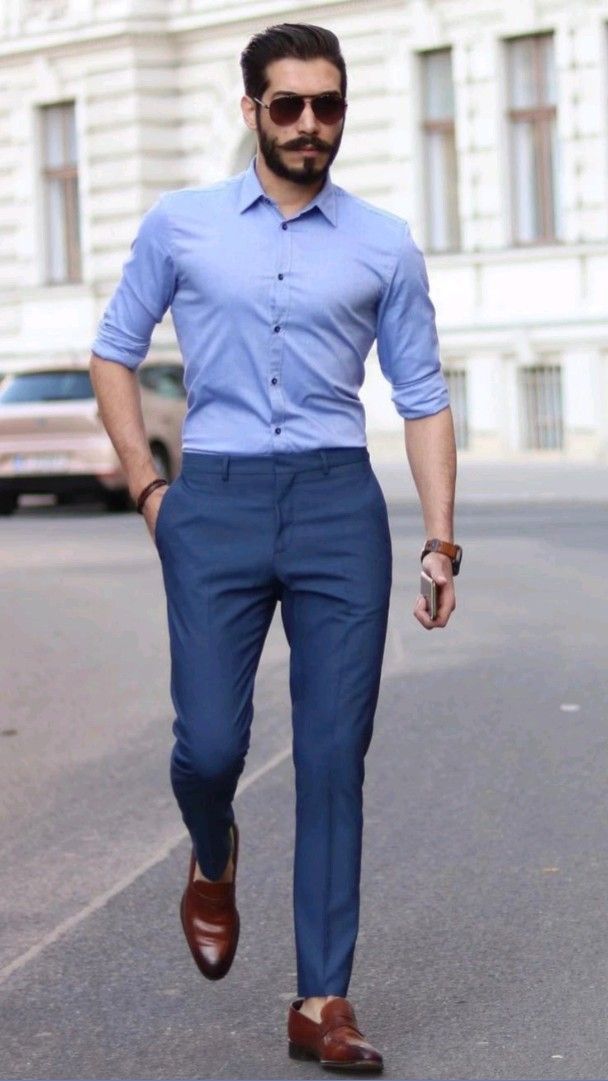 navy blue pants and baby blue shirt