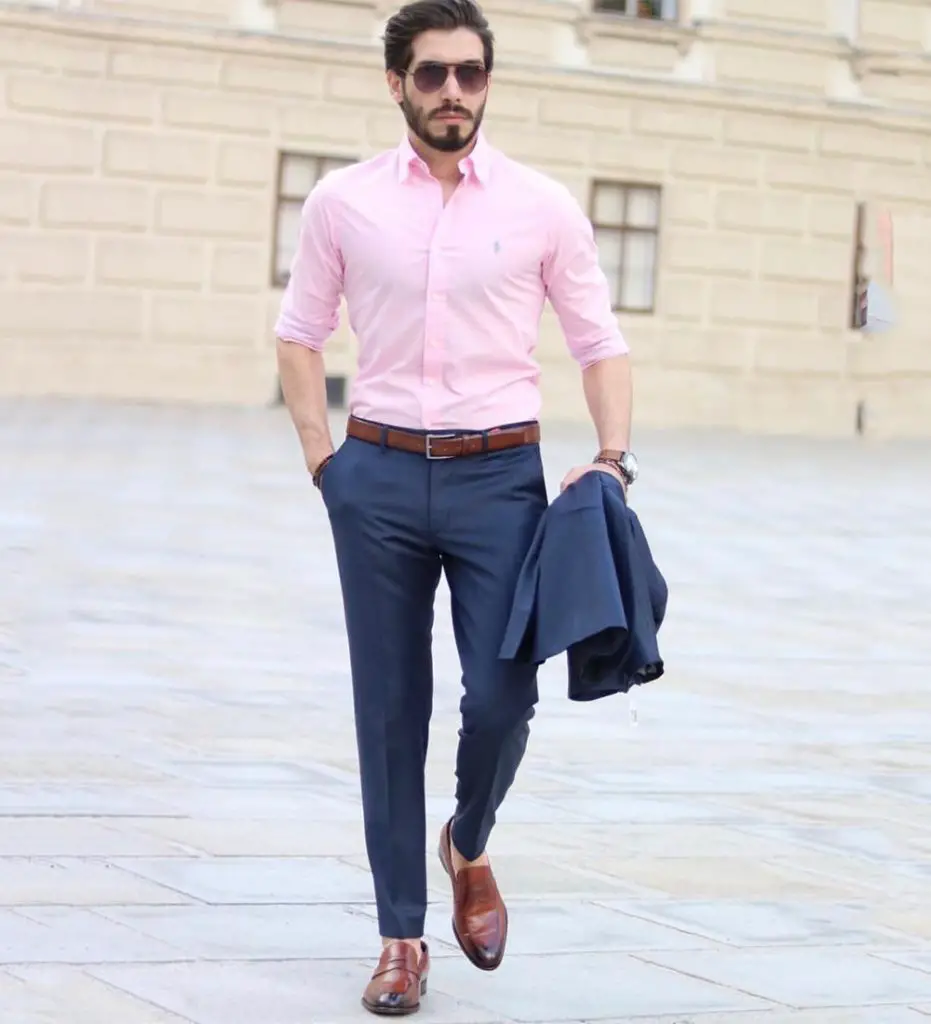 navy blue pants and pink shirt