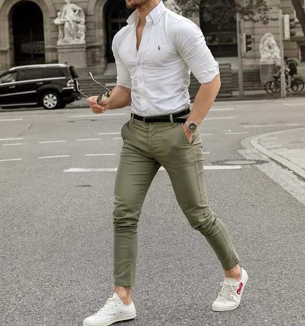 olive green pants and white color combination