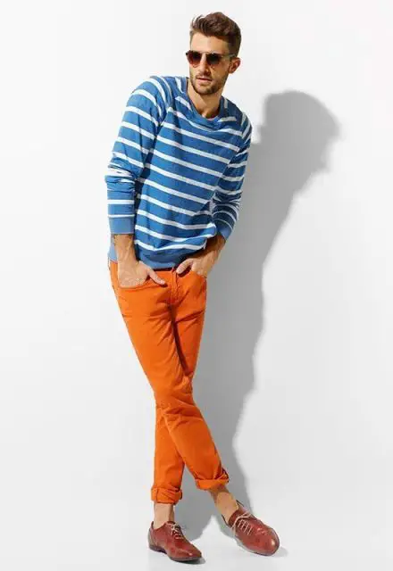 orange pants and baby blue color combination