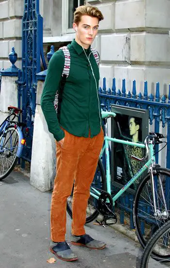 orange pants and olive green color combination